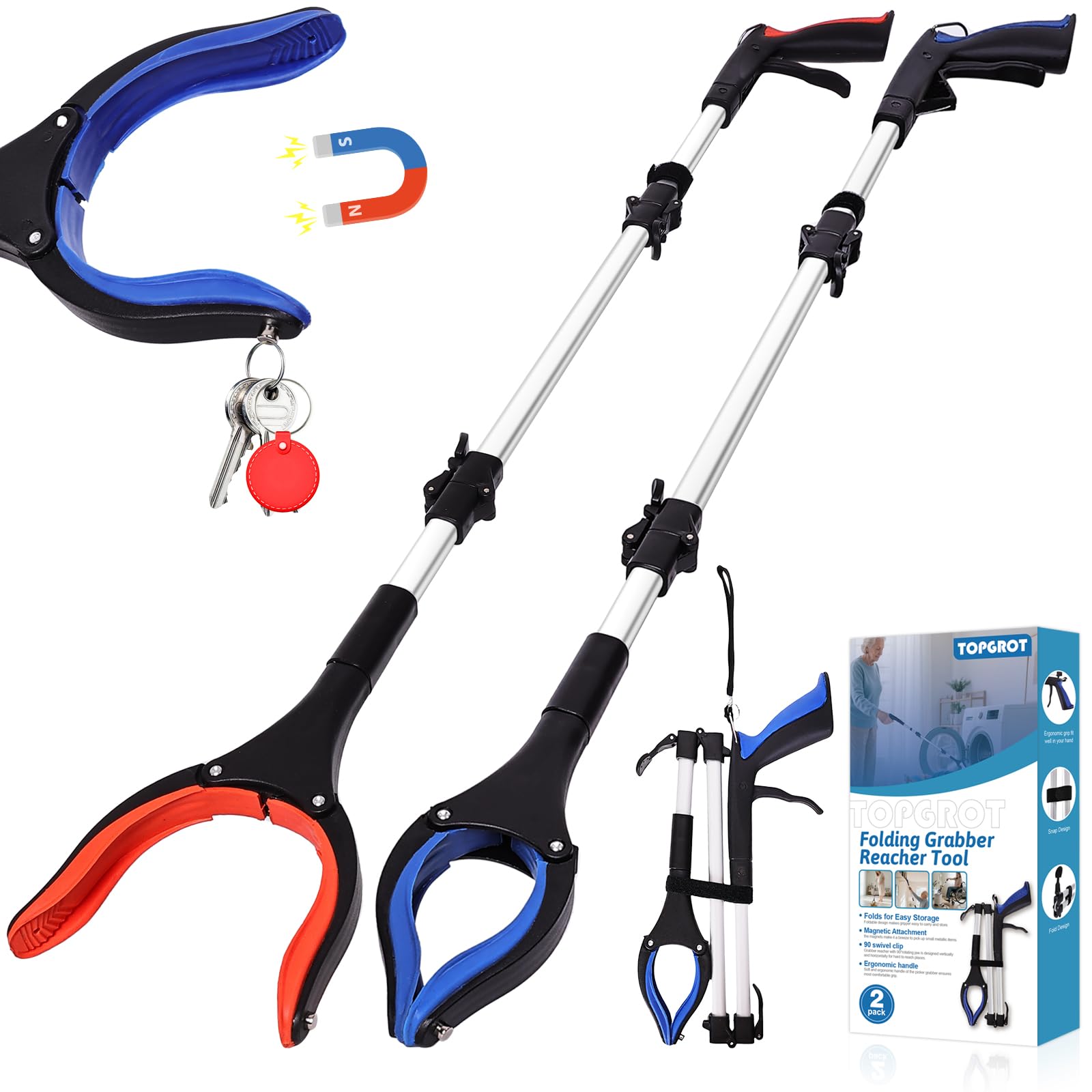 Greifzange für Senioren, 91,4 cm, 2 Stück, faltbarer Greifstab, Greifstab mit rutschfester 90° drehbarer Backe, 10,2 cm breite, verlängerte Klaue mit Magnet für Behinderte, nach Operationen