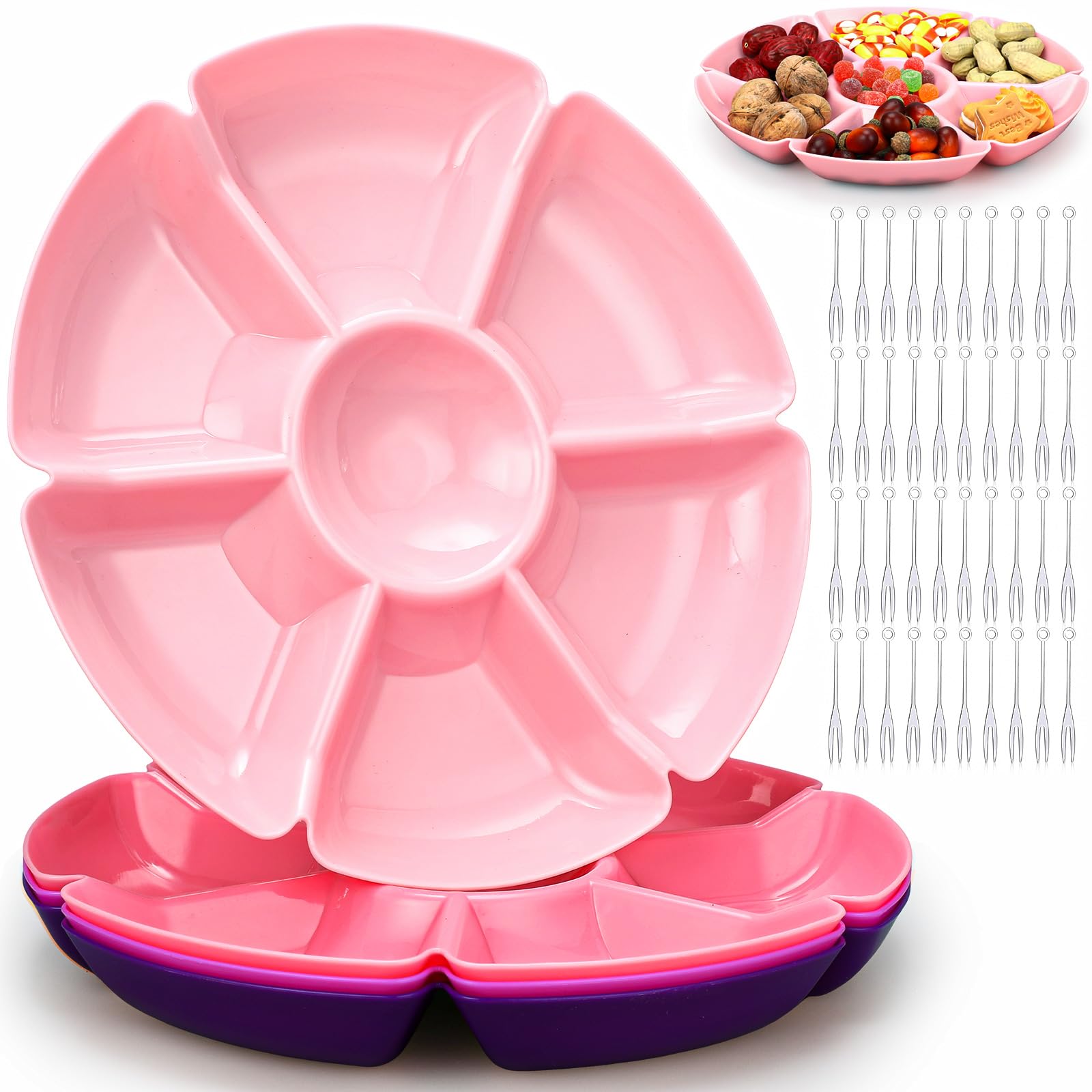 Zhehao 4 Pcs Sectional Round Plastic Serving Tray Platters Party Divided Tray with Disposable Fork, 10.6 Inch 7 Section Snack Platter Food Tray Nut Candy Veggie Fruit Dish Platter (Cute Color)