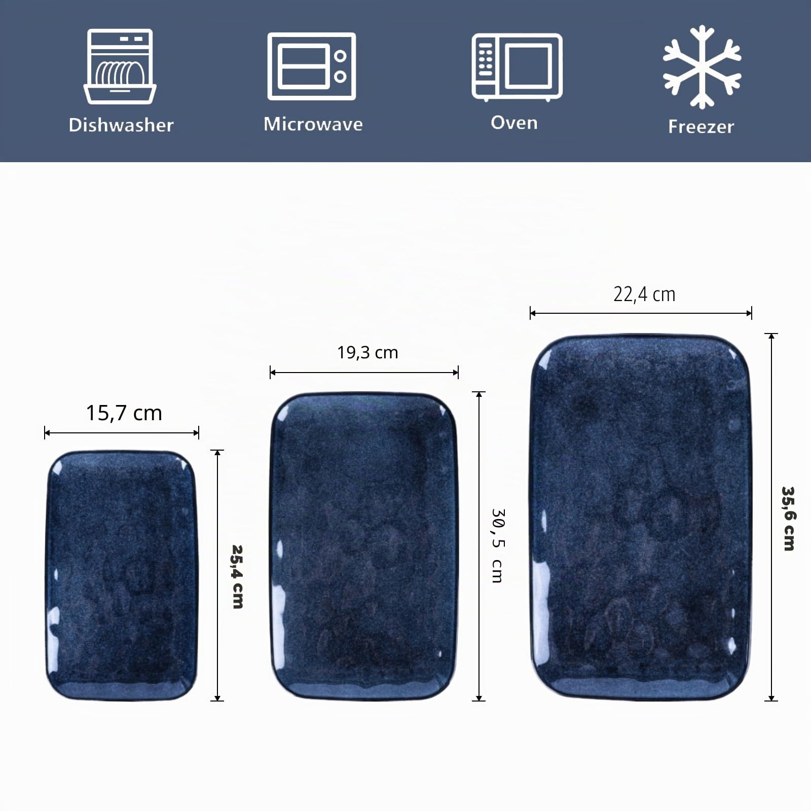 vicrays Lot de 3 plateaux de service rectangulaires en céramique - 35,6 cm, 30,5 cm, 25,4 cm - Pour fête, barbecue, apéritifs, sushis, dessert - Passe au four à micro-ondes et au lave-vaisselle - Bleu