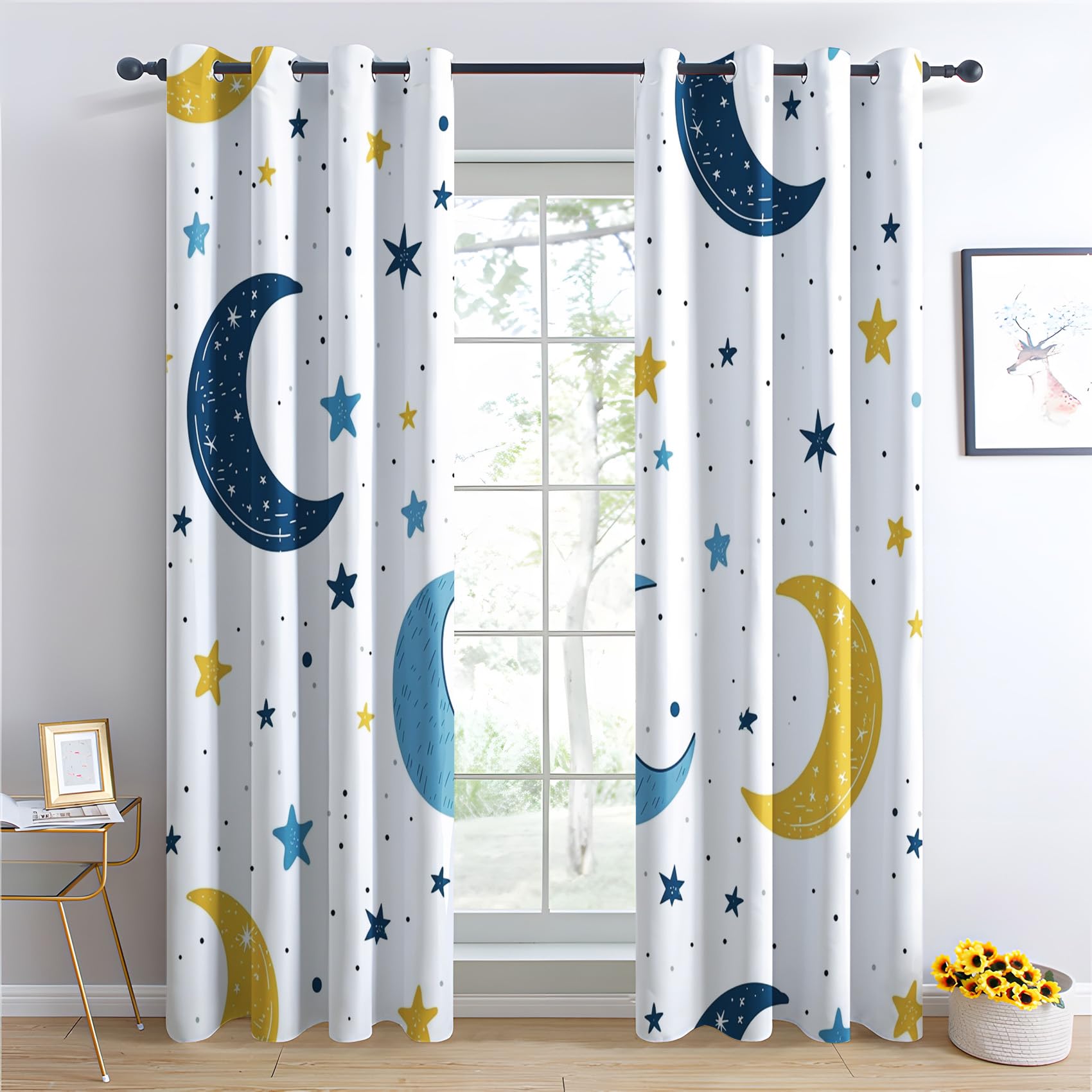 Rideau Occultant étoile Et Lune - Rideau Thermique Motif Enfant Dessin Animé Blanc, Rideaux Chambre Salon Fenetre, Lot de 2 Rideaux et Draperies Intérieurs à Oeillets, 140x180 cm (LxH) S-&238