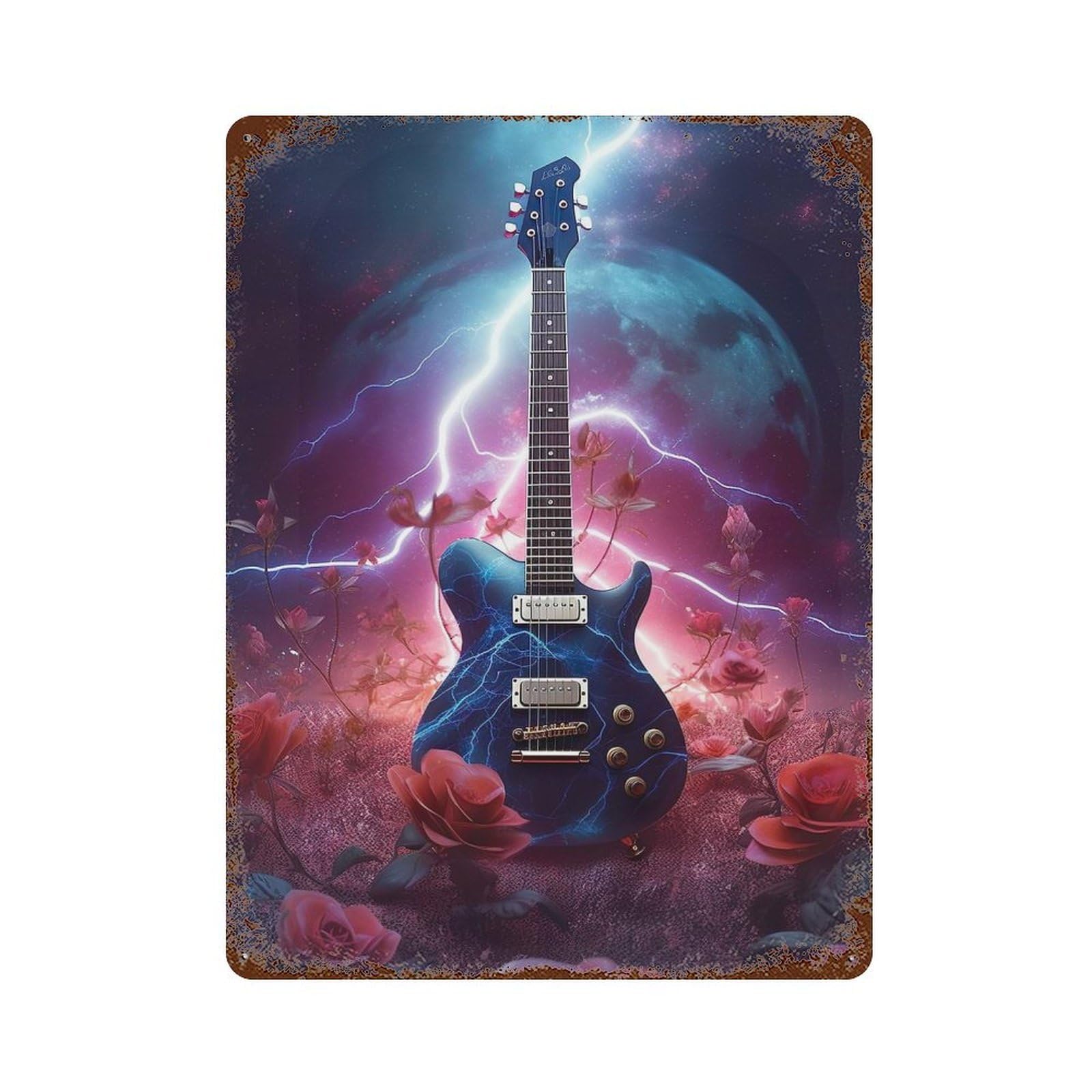 Distressed Metal Wall Sign with Lightning Space Guitar Design 15.7"x11.8", for Living Room, Hallway And Home Decor, Vintage Wall Decor