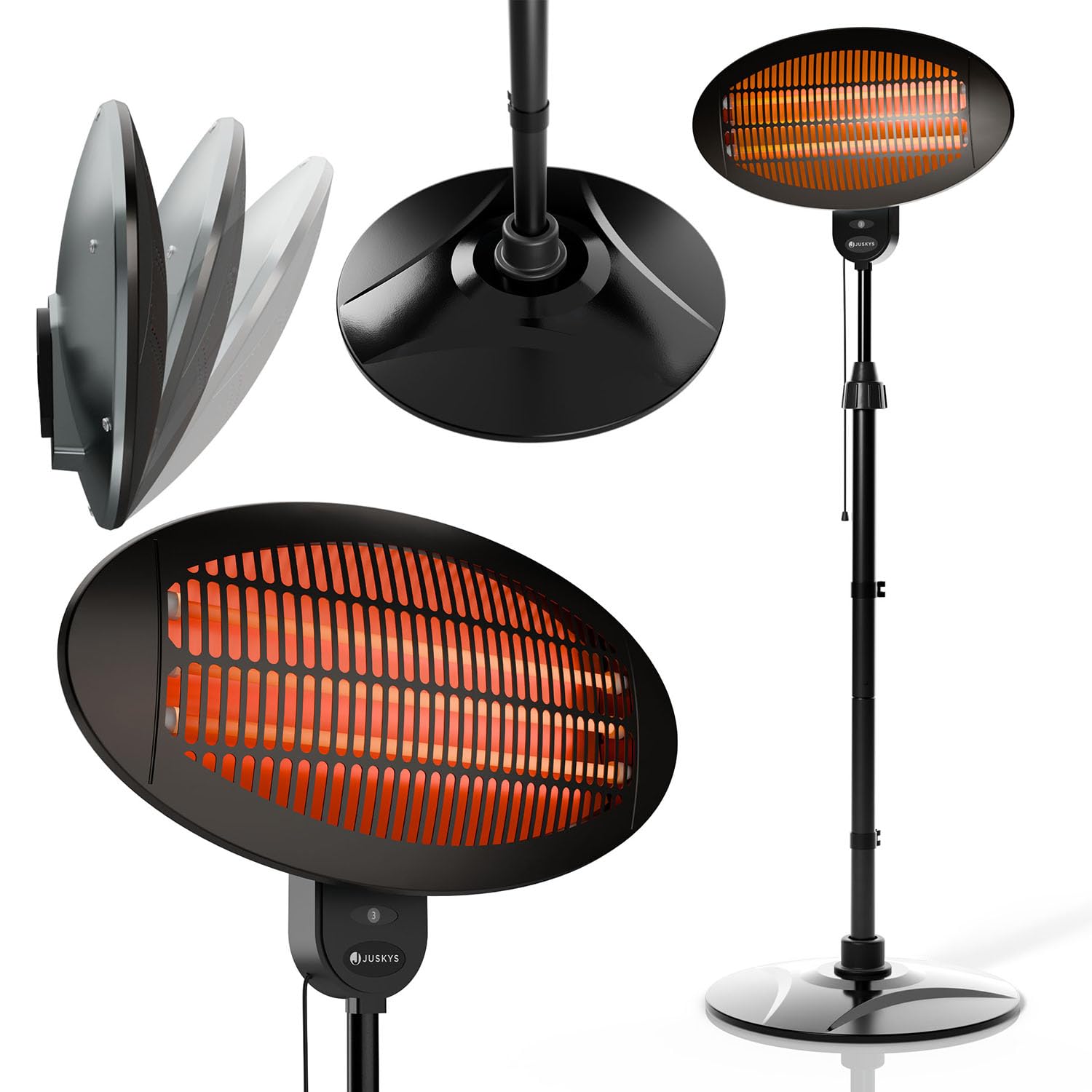 Juskys stufa a infrarossi 2000W – Nero, riscaldatore da esterno con supporto telescopico & 3 potenze per balcone & patio
