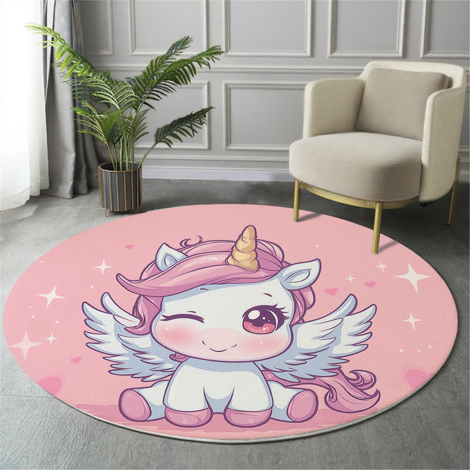 Kinderteppich Rund, Rosa Niedlicher Cartoon-Stil Süßes Einhorn, Kurzflor Waschbarer Teppich Extra Weich und Antiallergen für Jungen und Mädchen Spielzimmer 100cm