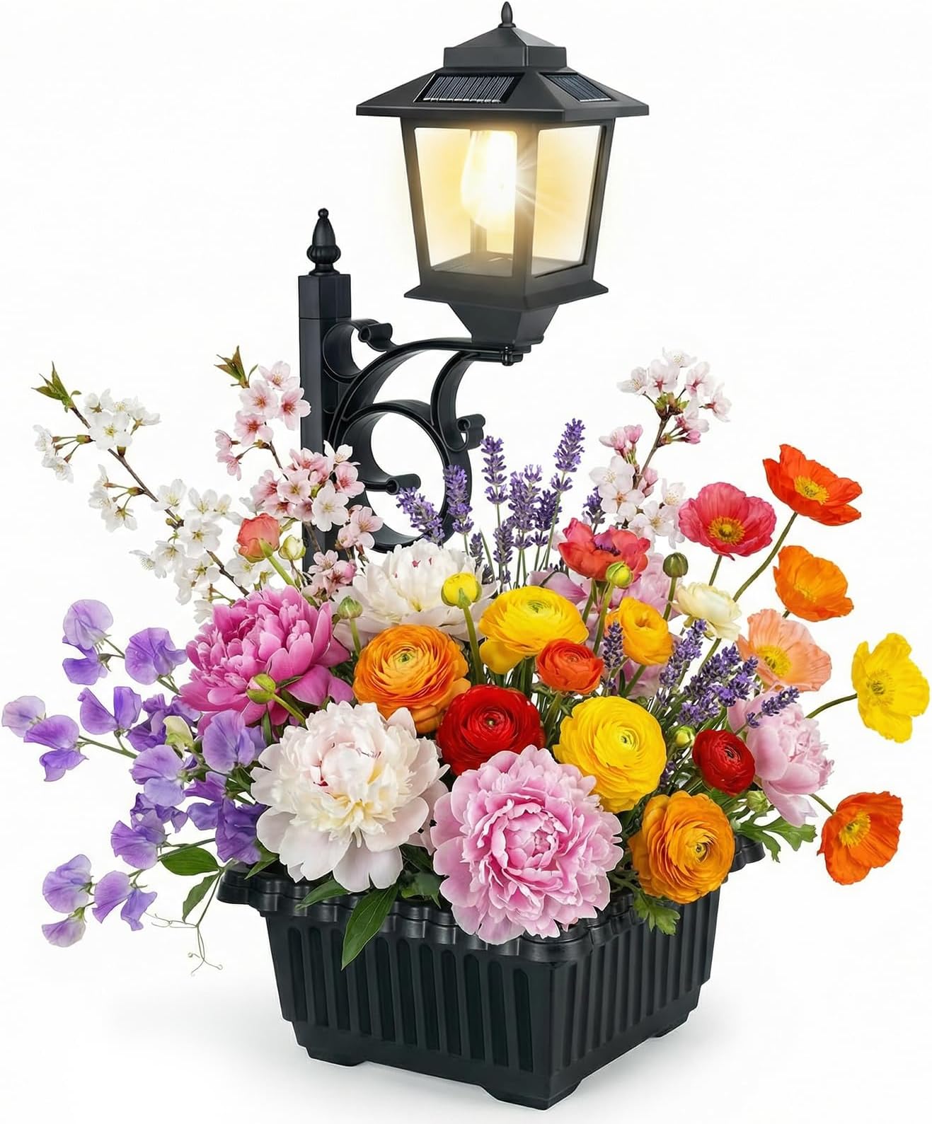 PASAMIC 2 in 1 Outdoor Flower Pots for Real or Fake Flowers, Solar Lamp Post Lights - Wall Mount or Freestanding, Waterproof Decorative Lamp for Lawn, Patio, Front/Back Door