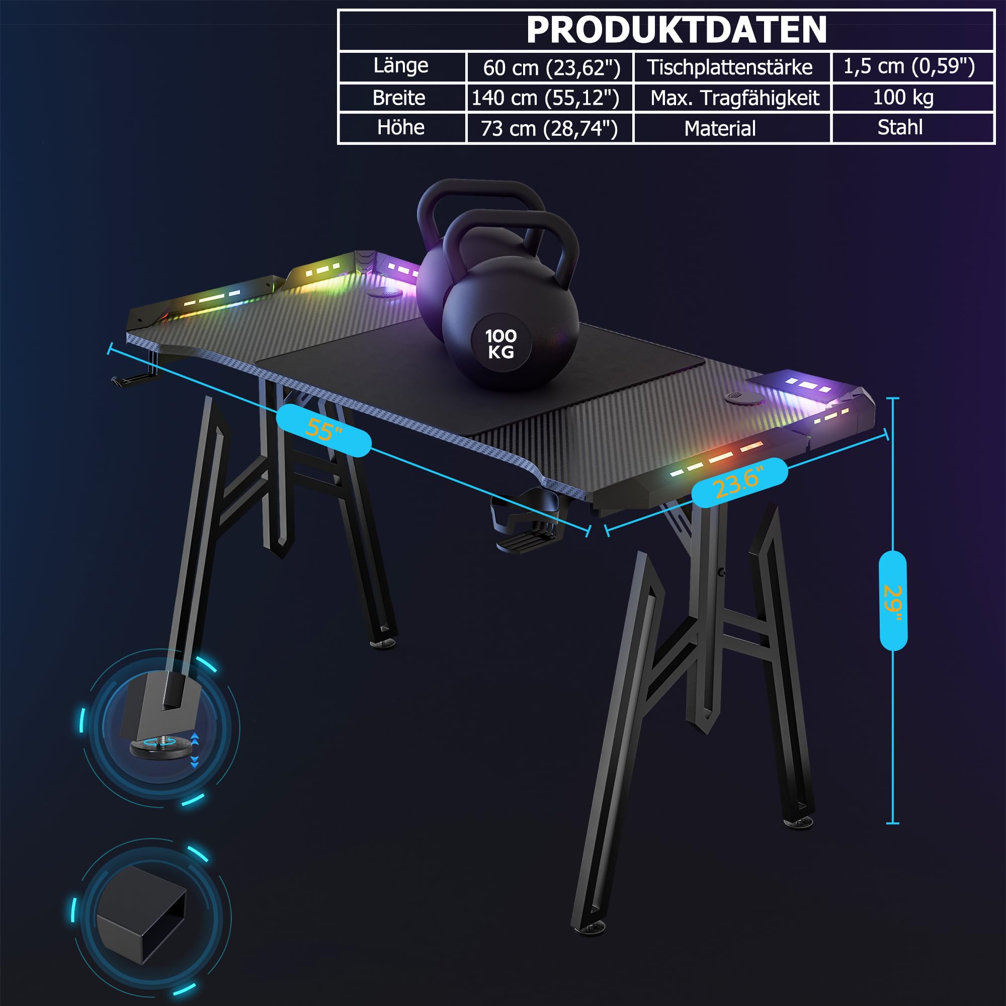 YRHome Gaming Schreibtisch Ergonomischer Bureau Gaming Mit LED Schwarz Table Gaming PC Tisch Mit Kohlefaserbeschichtung mit Getränkehalter und Kopfhörerhaken 140 x 60 x 73cm M Beine