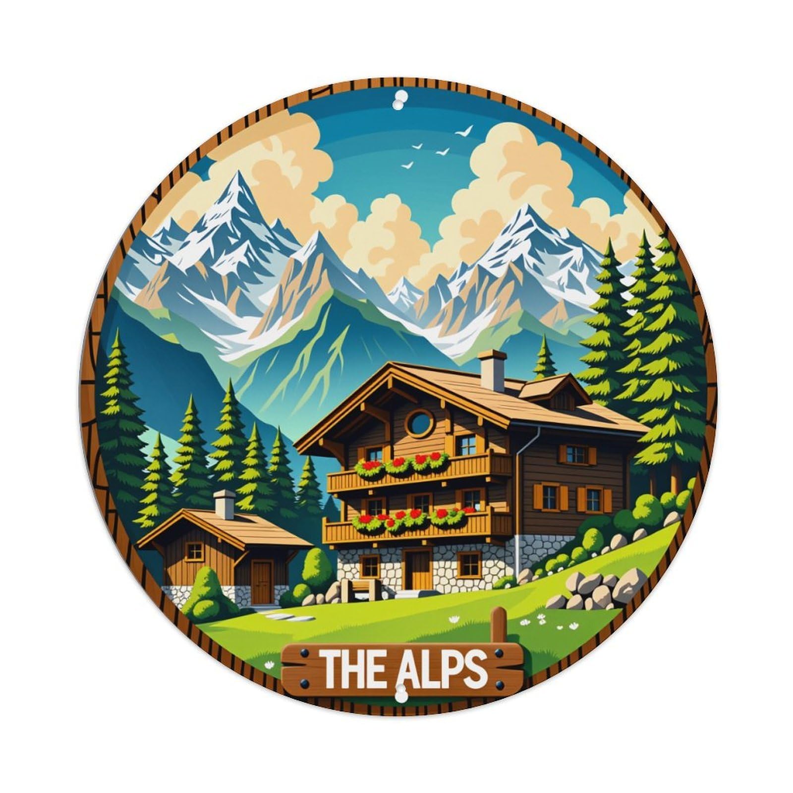 Alpine Cabin Mountains Pine Trees Metal Tin Sign Vintage Garden Bedroom Cafe Bar Man Cave Home Wall Decor Metal Poster 8x8 inches
