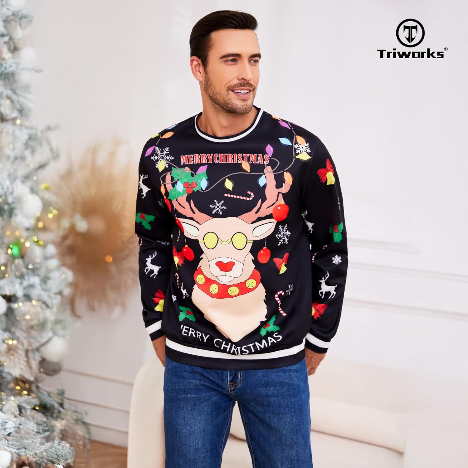 TRIWORKS Mens Ugly Christmas Sweatshirts 3D Printed Pullover Long Sleeve Sweatshirts for Men Woman Black - Image 5