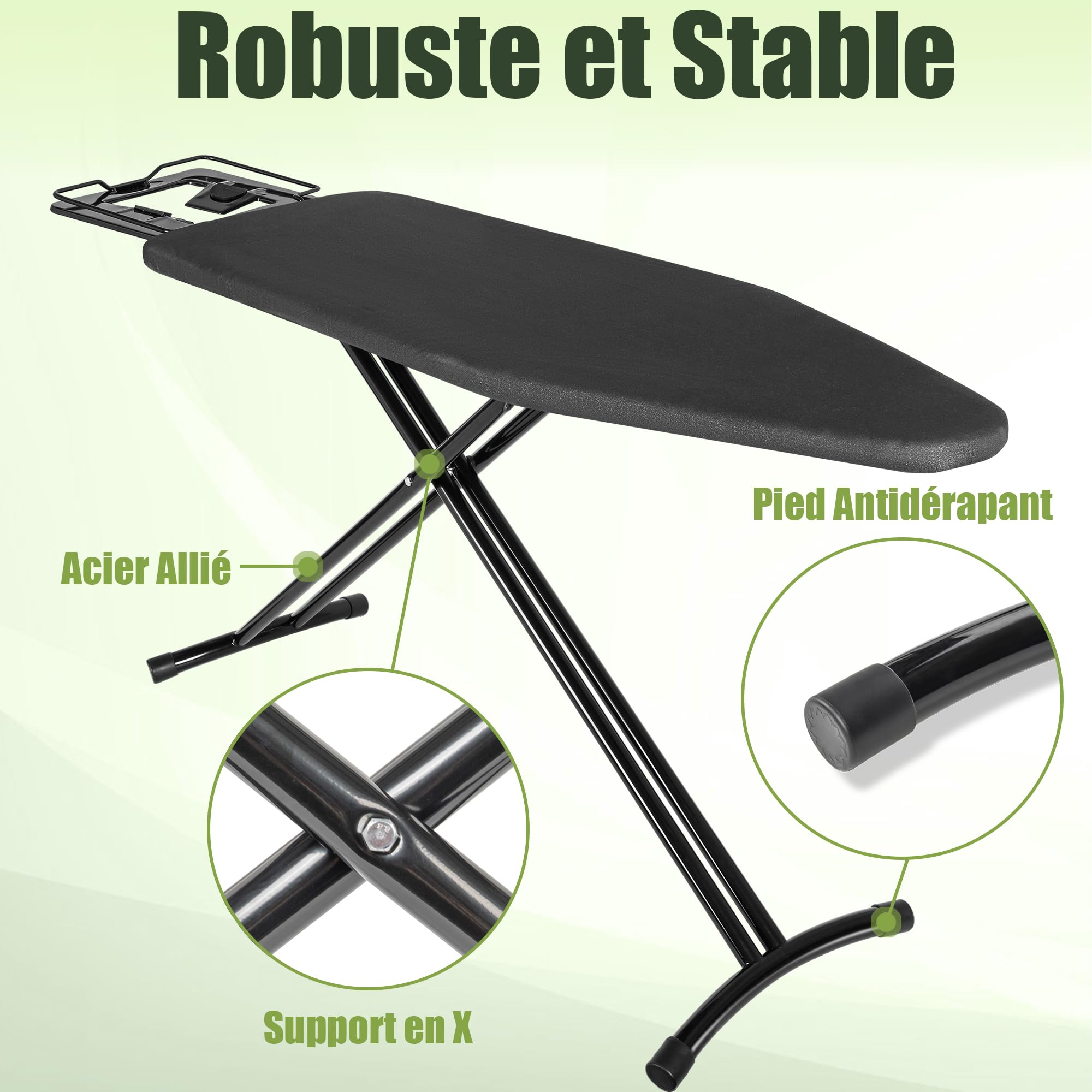 Table à Repasser Pliable avec Fer à Repasser 120x38CM | Planche à Repasser et Pieds Antidérapants et Housse Résistante à Chaleur, Stable et Léger, Réglable en Hauteur 72-92CM, Noir