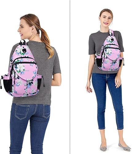 Miniatura 8 de MOSISO Paquete de 2 mochilas cruzadas con diseño de flor de mirto, bolsa de pecho con bolsillo antirrobo, gris espacial y rosa