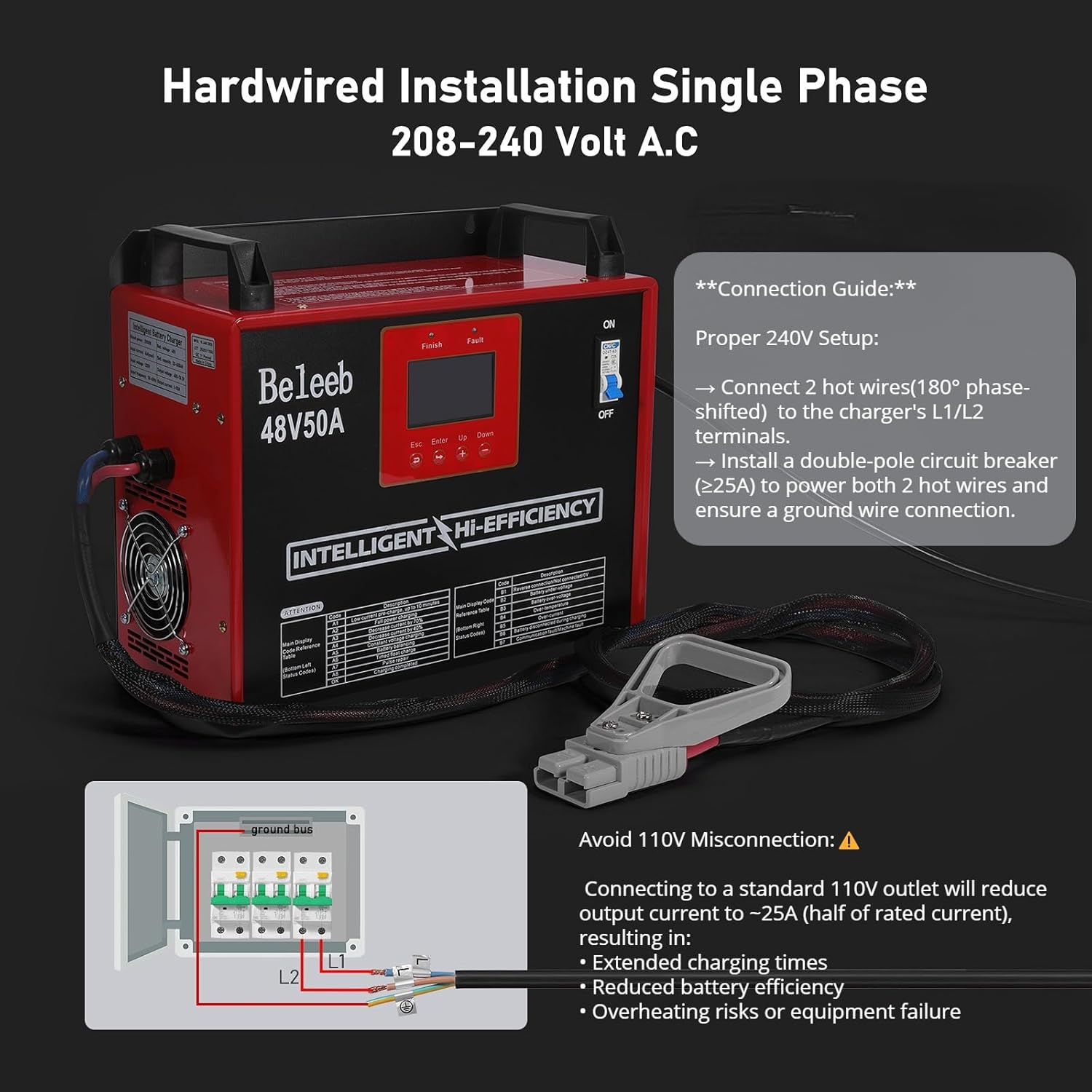 48V 50A Adjustable Battery Charger, Intelligent Charger for Lead-Acid & LiFePO4 Lithium Batteries, 240V AC Hardwired Charger for Forklifts, Golf Carts, Sightseeing Cars, Energy Storage Systems - Image 6