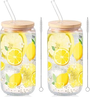 Sliner 2 Pcs Lemon Glass Cups Summer Drinking Tumbler 16 oz Iced Coffee Cup with Lid Straw Cleaning Brush Cute Beer Can Tumbler Holiday Gifts for Spring Summer Home Office Decorations