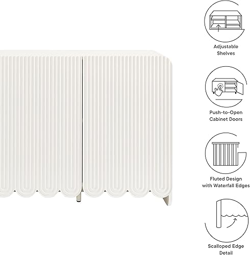 Miniatura 4 de Modway Dahlia - Armario estriado de 55 pulgadas en color blanco, armario de almacenamiento con estantes ajustables, aparador festoneado de 3 puertas