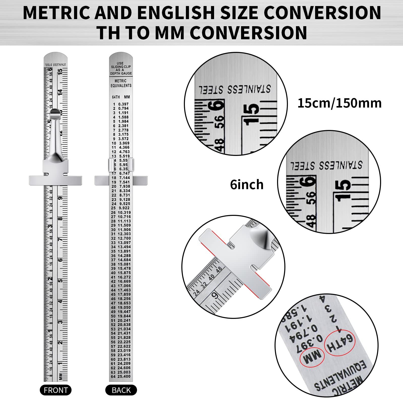 Righello tascabile flessibile di precisione in acciaio inox con clip staccabili, 15 cm, con clip rimovibili, scala metrica con sistema britannico (30 pezzi)