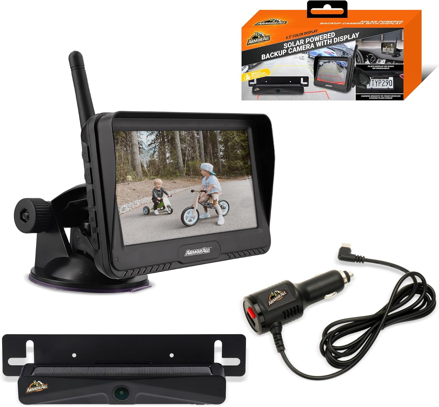 Armor All USB Solar Powered Backup Camera with 4.3” LCD Display, Wireless Easy Install Design Attaches to License Plate Frame, DC Powered Display with Suction Mount & Parking Aid Adjustable Guidelines