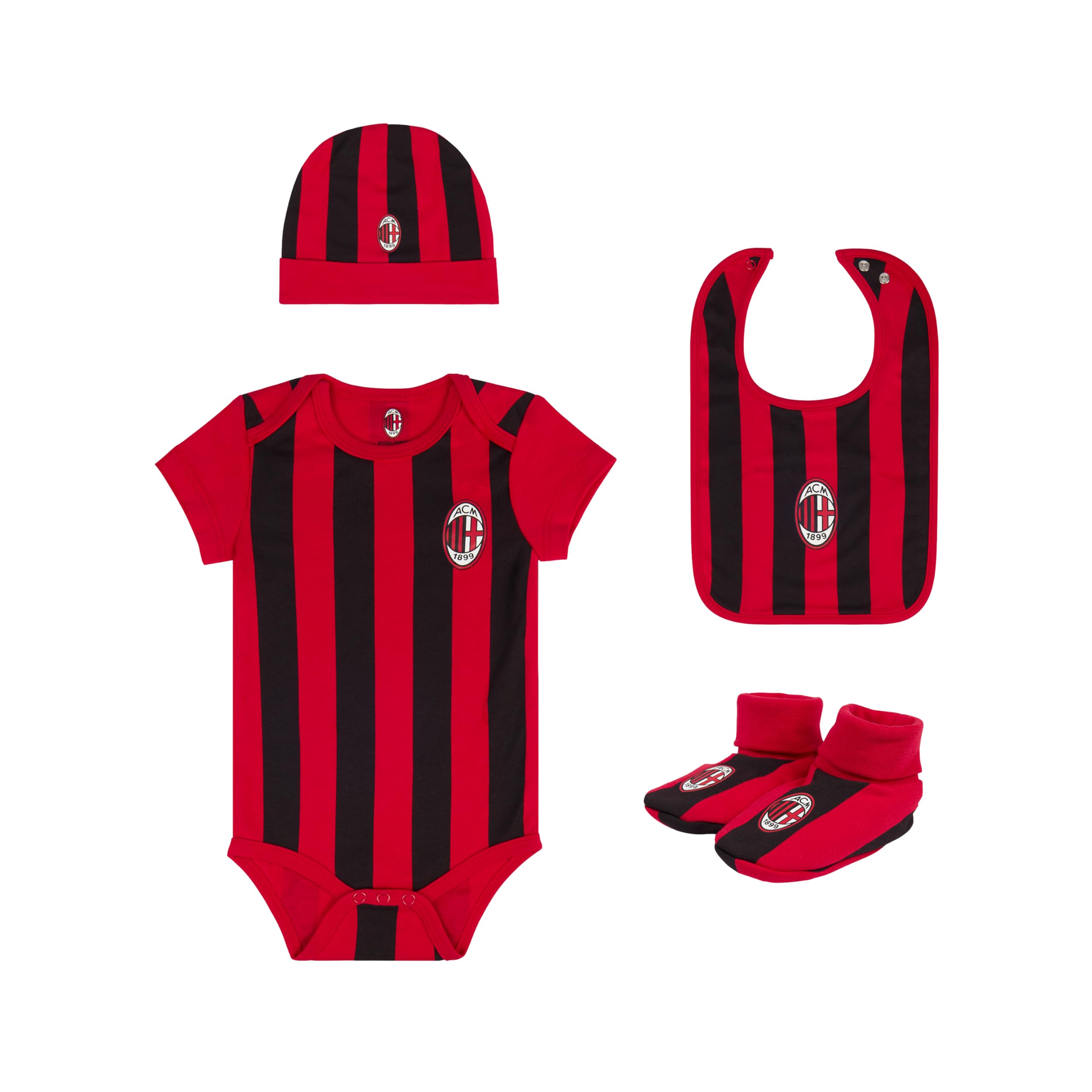 A.C. Milan - Scatola Regalo 4 Pezzi, Body Manica Corta, Calzini, Cuffietta e Bavaglino, Prodotto Ufficiale