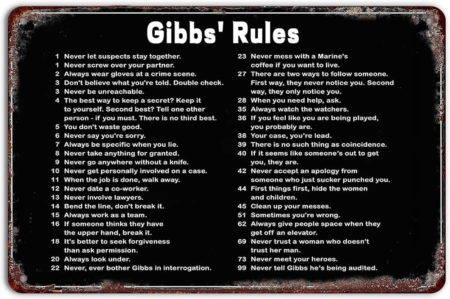 Gibbs' Rules Vintage Metal Sign - Retro Art Decor for Home Bar Pub Cafe Farm Room | Rustic Tin Painting Style Plaque Posters | 12x8 Inch Premium Quality Metal Wall Decor