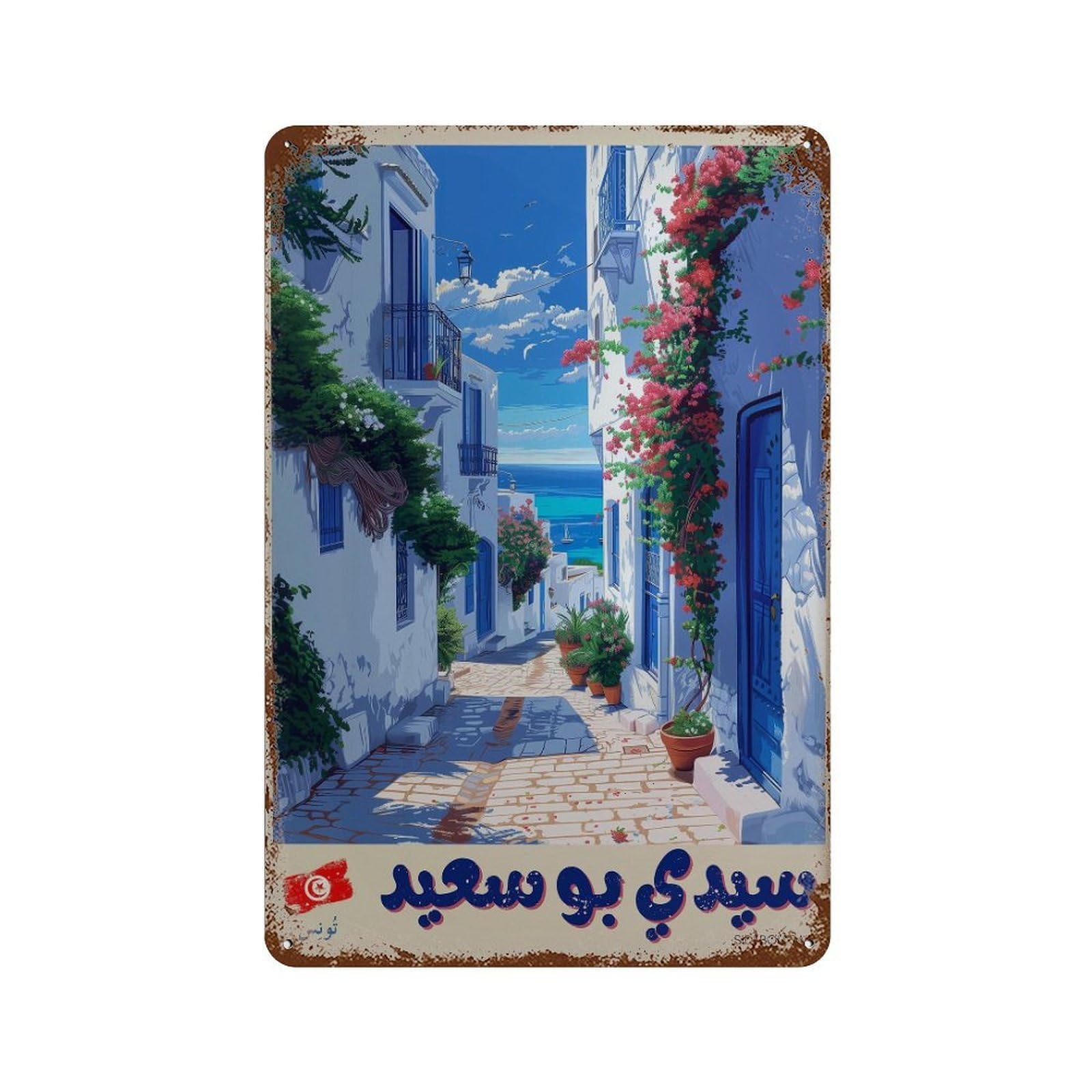 xiaoxiaoshen Sidi Bou Said Tunisia Travel Vibrant Mediterranean in Arabic Wall Decor Art Metal Tin Poster Modern Home Decor Art Home Bar Shop Decorations Vintage Sign 30x20cm