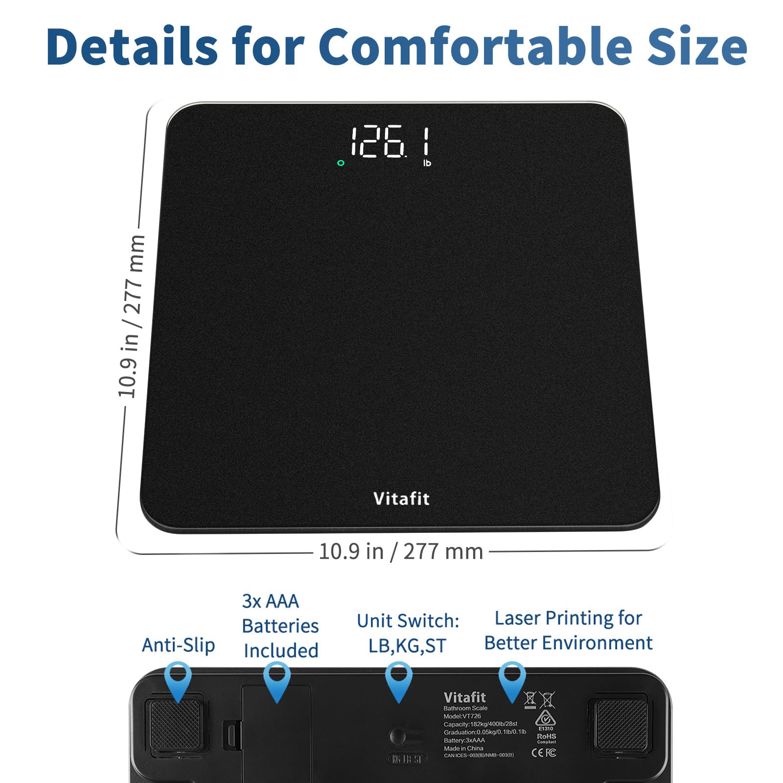 Vitafit Bilancia Pesapersone, Alta Precisione 0,05kg dalla Nostra Bilancia Fabbrica Professionale Dal 2001, Pesa Persone Digitale LED e Step-On, 3*AAA Batterie Incluse, 182kg, Spray Argento Nero