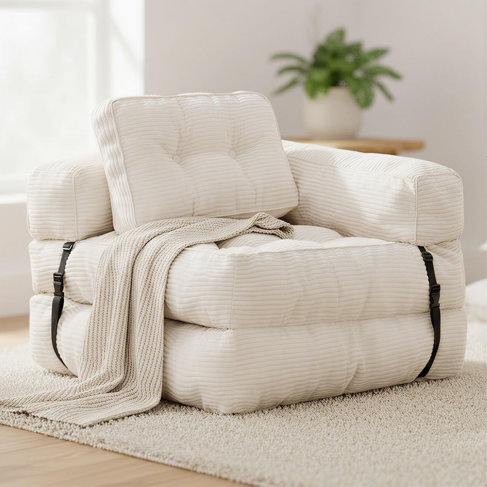 Folding Sofa Bed, L-Shaped Convertible Sleeper Chair Bed Mattress for Adults with Pillow, Foam Foldable Floor Lounge Couch Beds with Armrest for Living Room Bedroom Apartment Small Space, Beige