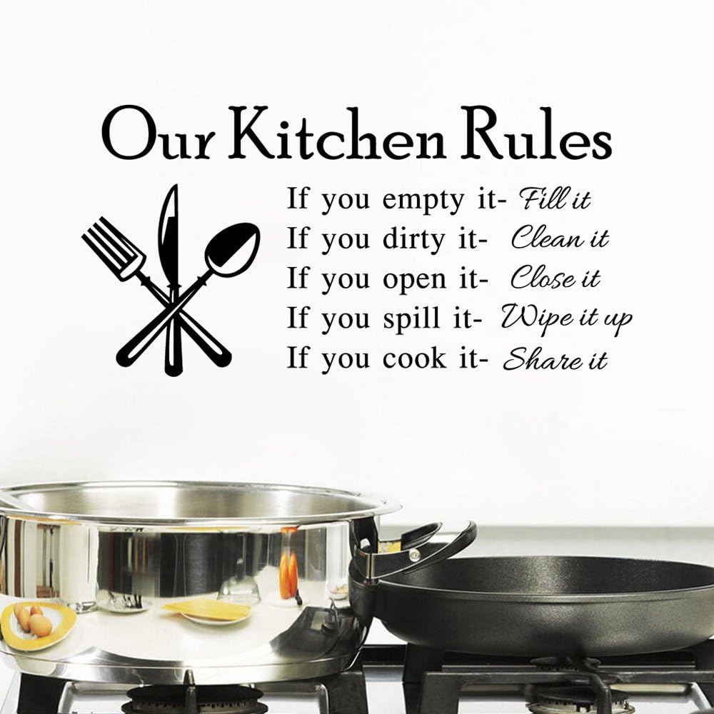 BIBITIME Kitchen Rules Wall Decal Tile Window Sticker Vinyl Knife Fork Spoon Sayings Quotes DIY English Words Lettering Art Murals PVC Decor Finished Size 22.83" x 11.41"