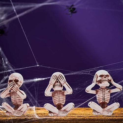 Miniatura 7 de Wowser Esqueletos góticos de tres sabios: Esqueleto de escuchar, ver, hablar no mal, detalles decorativos oscuros, juego de 3 diseños surtidos, 3.25