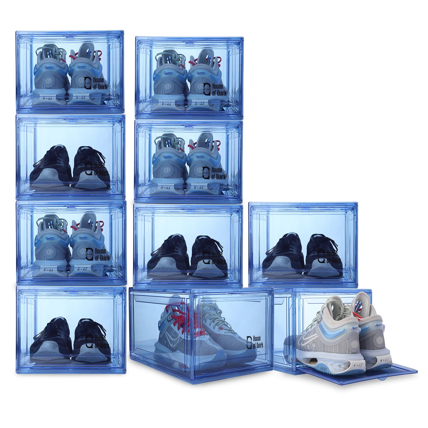 House of Quirk Shoe Organizer, Shoe Storage Boxes, Large Shoe Boxes with Magnetic Door, Clear Stackable Plastic Shoe Containers (Pack of 10, Blue)-image-4
