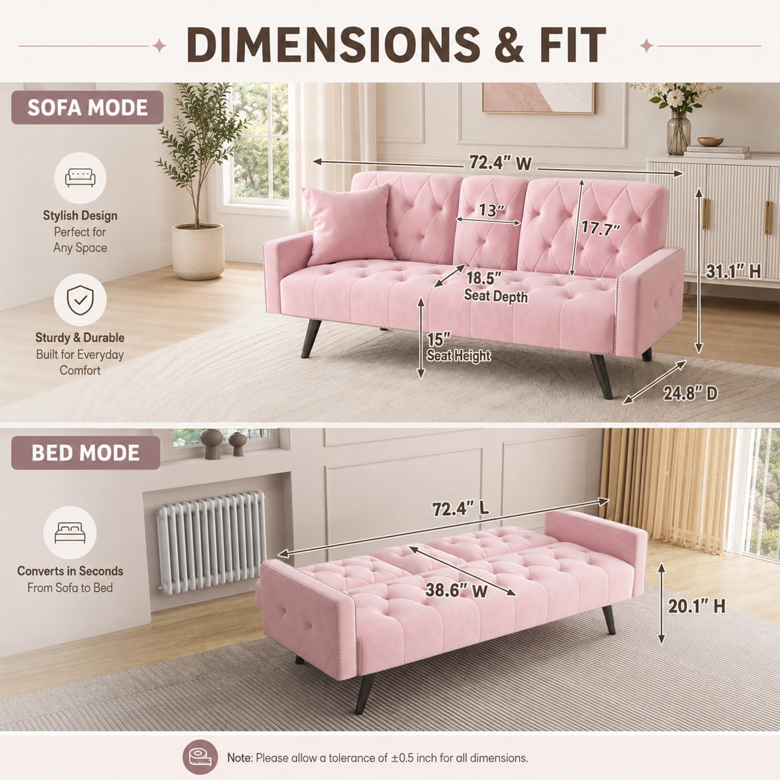 Anwick Modern Velvet 2 in 1 Futon Sofa Bed,Convertible Folding Sleeper Bed Couches with 2 Pillows,73" Tufted Recliner Love Seat with Golden Chrome Legs for Living Room Apartment Office (Pink)