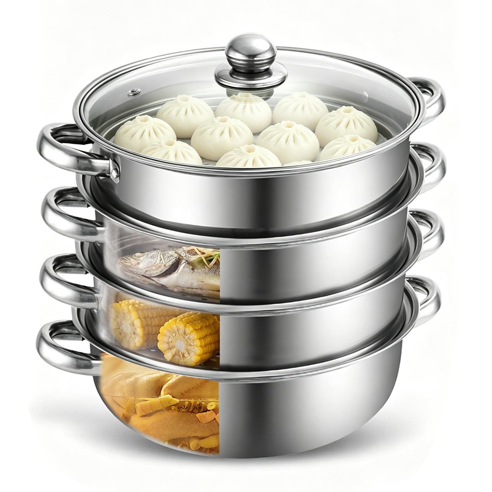 Dampfgarer Topf 28cm - 4-stufiger Edelstahl-Dampfkocher mit Glasdeckel - Für Suppe, Gemüse, Nudeln & Meeresfrüchte - Induktionsgeeignet & Spülmaschinenfest
