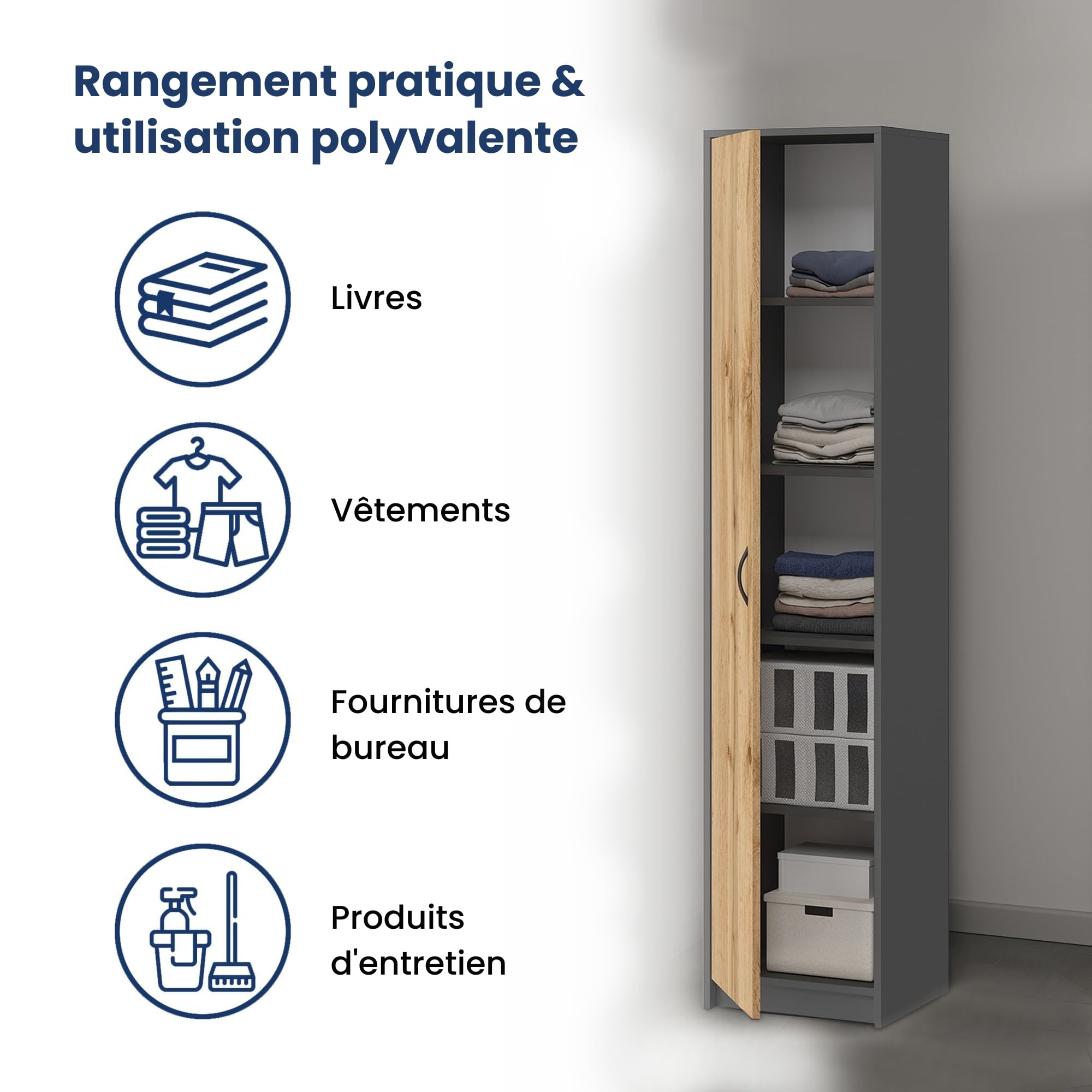 Home Collective Bibliothèque Armoire, Étagère, Meuble de Rangement Polyvalent avec 4 étagères, Armoire de Bureau| 40 x 35 x 180 cm (L x P x H) | pour Chambre, Couloir, Bureau | Anthracite chêne