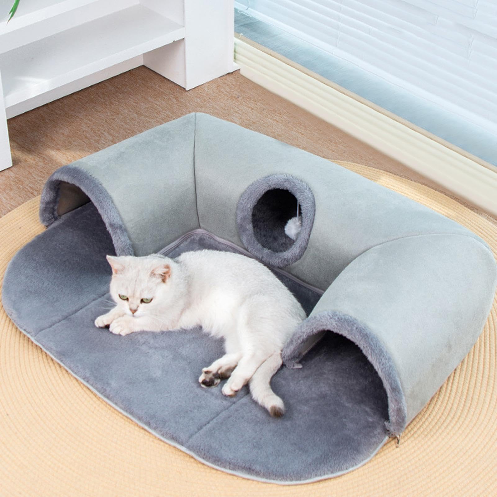 Katzentunnel Katzenbett 2-in-1 Katzen Spieltunnel Mit Hängendem Ballspielzeug, Waschbare Katzenbetthöhle Faltbares Katzen Bett Cat Tunnel Für Kleine Katzen