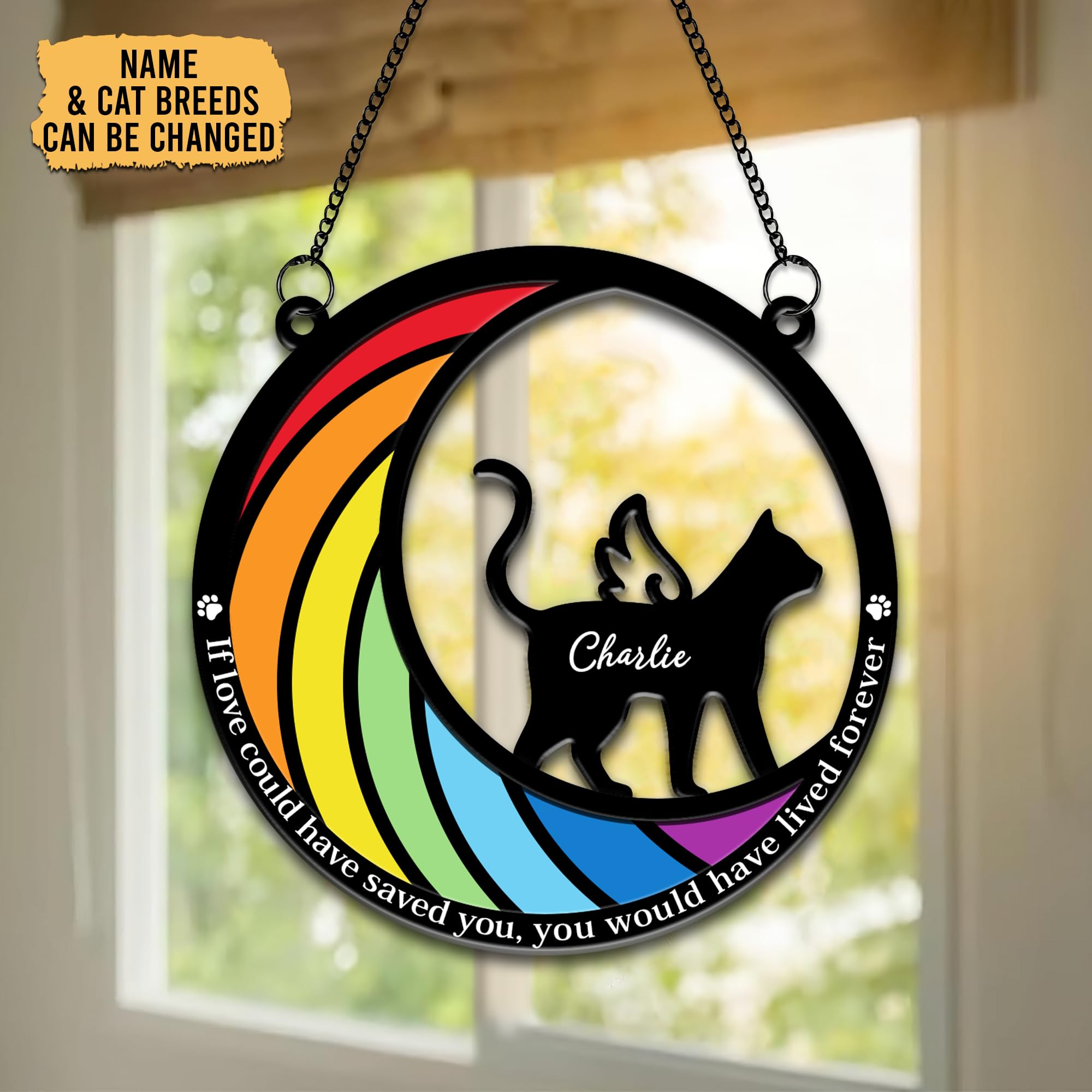 Hyturtle Personalized Rainbow Suncatcher - Loss of Pet Sympathy Gift - Memorial Cat Gifts - Hanging Indoor Window Decor - Custom Cat Breed Ornament 8'' Decoration