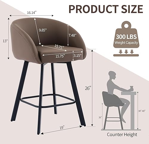 Miniatura 2 de Juego de 2 taburetes de bar giratorios de 26 pulgadas de altura de mostrador con respaldo y reposabrazos, taburetes de cocina de piel sintética para