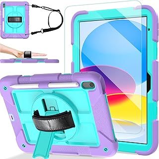 BMOUO iPad 10th Generation Case, iPad 10.9 Case 2022 with 9H Tempered Glass Screen Protector, 360° Rotatable Stand & Hand Strap & Pencil Holder 10th Gen iPad Case for iPad 10th Generation, Teal Purple