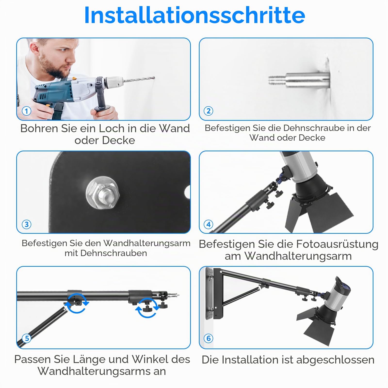 Wandmontage Dreieck Boom Arm 130cm, 180º Drehbare Kamera Wandhalterung Schwenkarm für Fotostudio, Blitzlicht, Softbox, Ringlicht, Schirm, LED-Videoleuchte