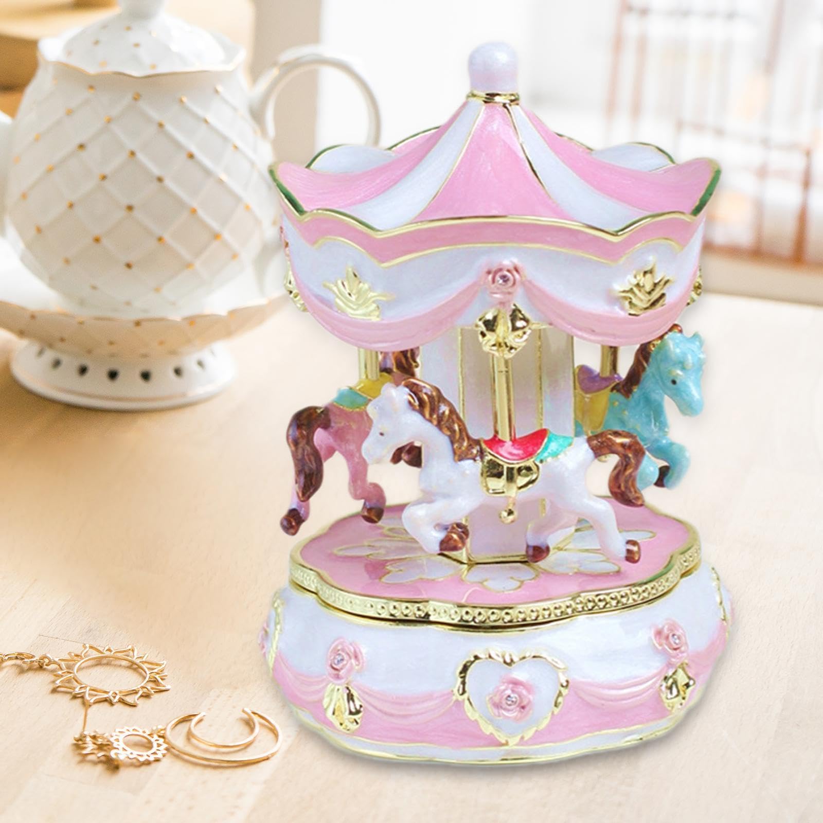 rockible Caja de baratijas de carrusel, joyero con escultura única, caja de recuerdos, estatuilla, organizador de joyas para pendientes, recuerdo, mujeres y