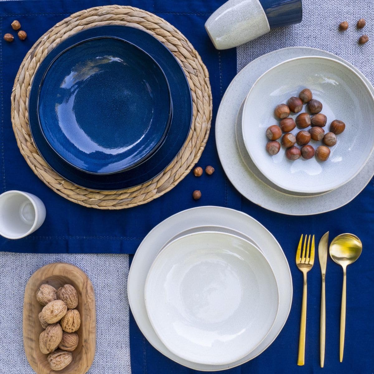 Artime Lot de 6 Assiettes Creuses en Céramique Ø20,5 cm, Bleu, Gris et Crème, Forme Ronde, Idéales pour Pâtes et Soupes
