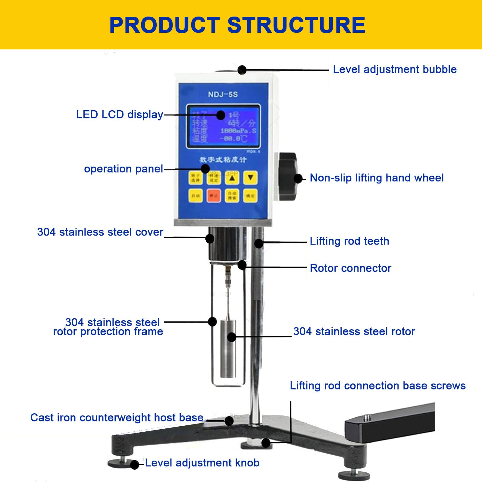 Viscosímetro digital giratorio con 4 rotores y sonda de temperatura, 1-100.000 mPa.s, ± 3% de precisión para tintas, pinturas, recubrimientos, adhesivos y grasas