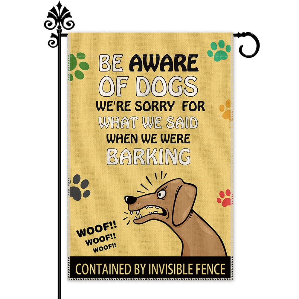 Hafhue Be Aware Of Dogs Signs Dog Paws Cute Garden Flag, 12 x 18 Inch Double Sided Holiday Yard Outdoor Farmhouse Decoration Flag, Garden Flag with Dog, Dog Lovers Party Lawn Exterior Porch Décor