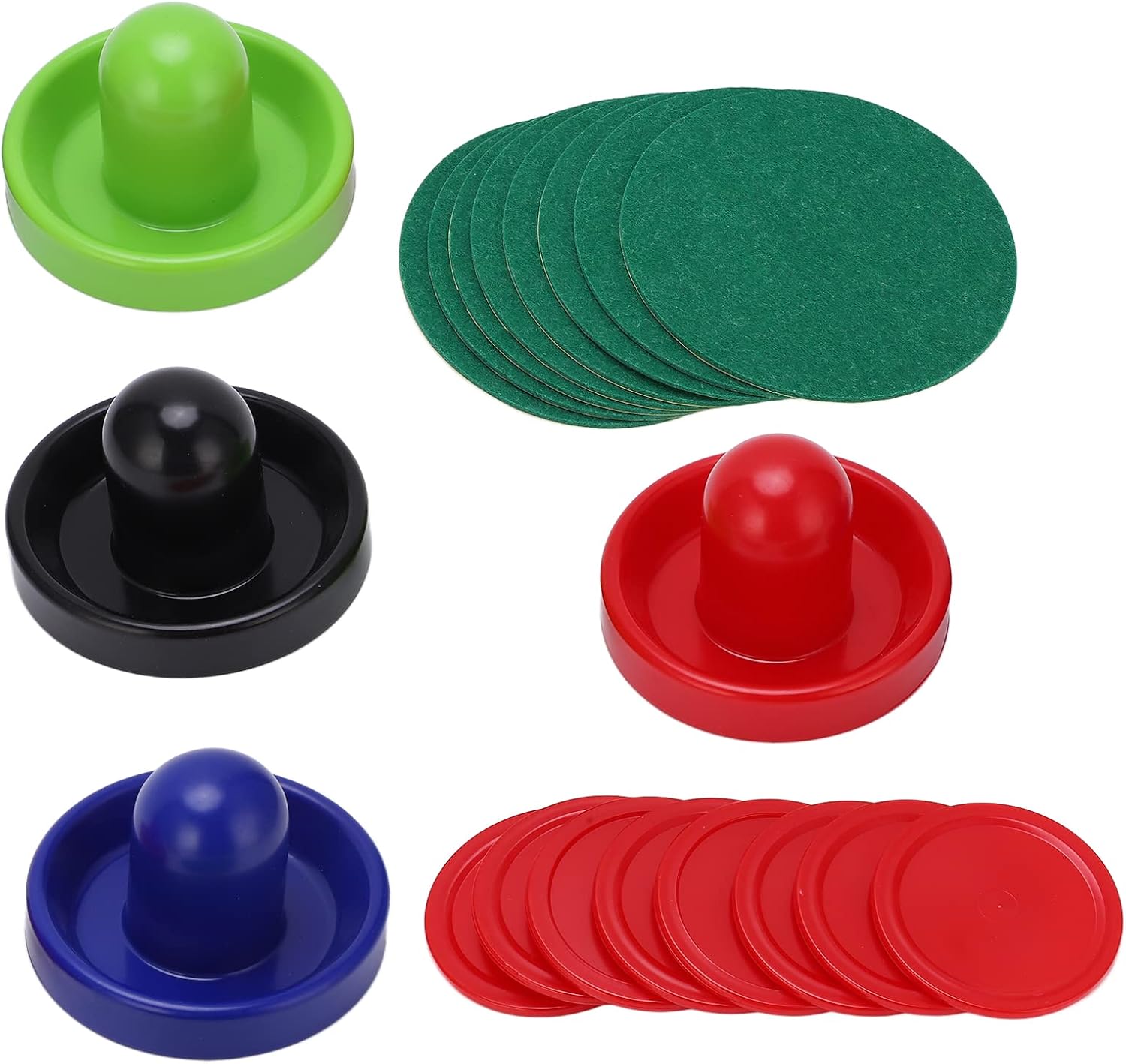 Multicolor Table Hockey Pus Pucks Set, Replacement Accessory Kit for Hockey Games, Hard Pla with Thick Green Felt Bottom, Includes 4 Pus and 8 Pucks for Enhanced Gaming Exence