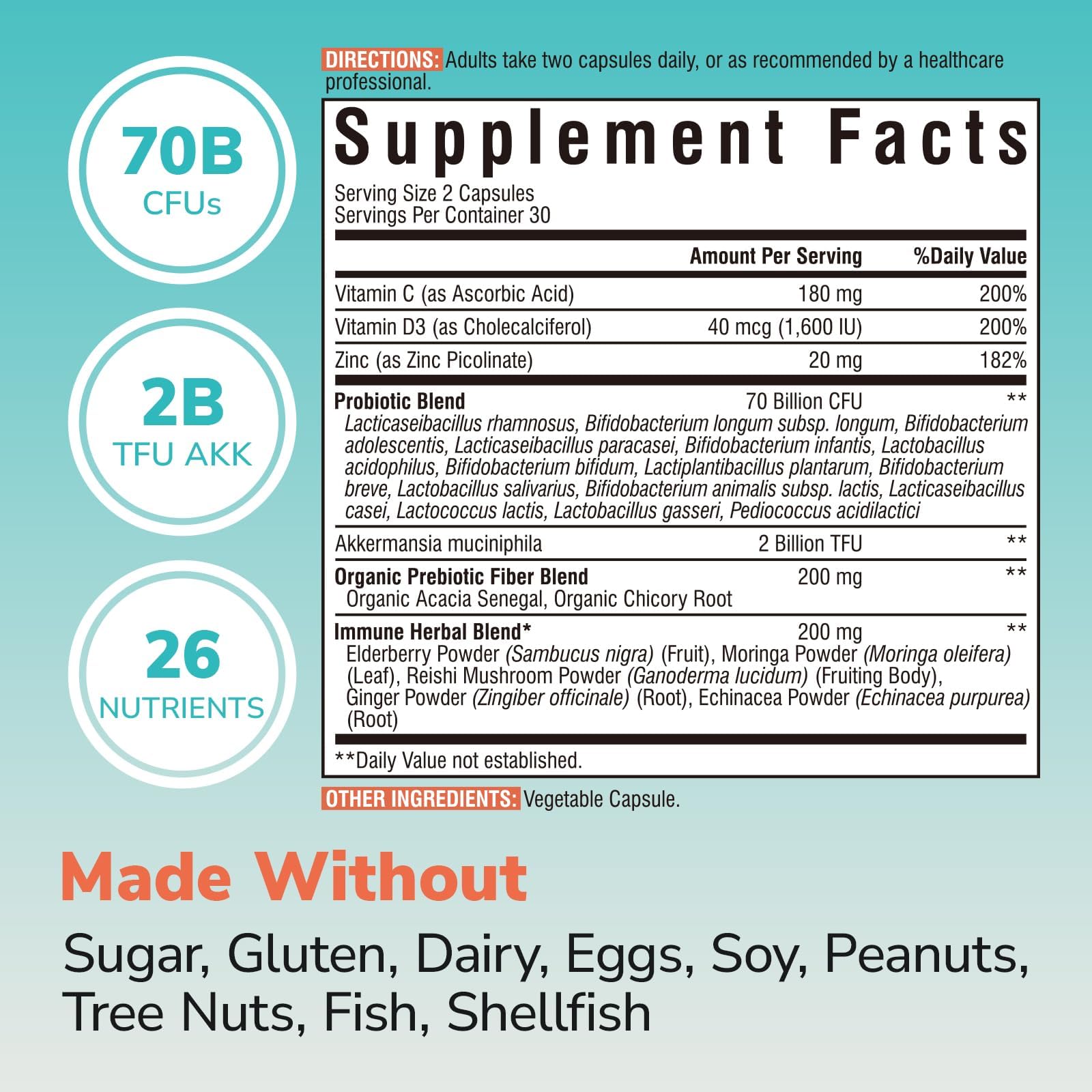 Akkermansia Probiotics for Women & Men, Immune Support Supplement, 16 Strains, with Prebiotics, Zinc, Vitamins C & D3, Moringa & Elderberry, Non-GMO, Digestive Support, 60 Capsules