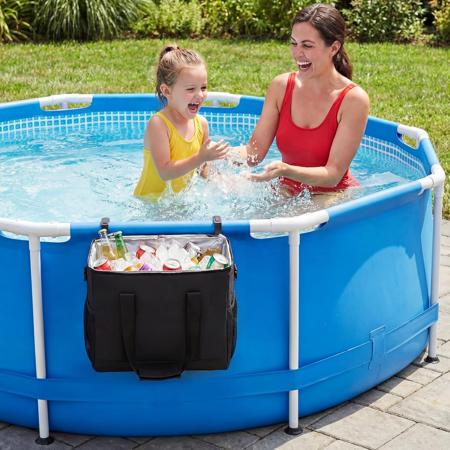 Pool Cooler for Above Ground Pool, 18L Poolside Insulated Cooler Bag with Adjustable Metal Stand Waterproof Ice Chest Holder with Aluminum Foil Liner for Summer Poolside Accessories(Black)