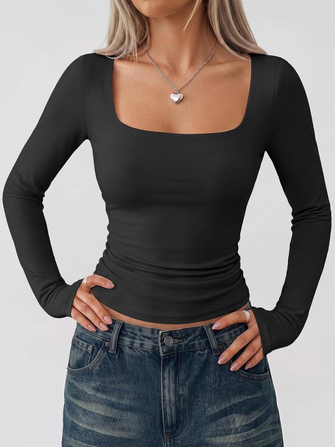 Trendy Queen Womens Square Neck Long Sleeve Shirts Double Lined Fall Tops image 2