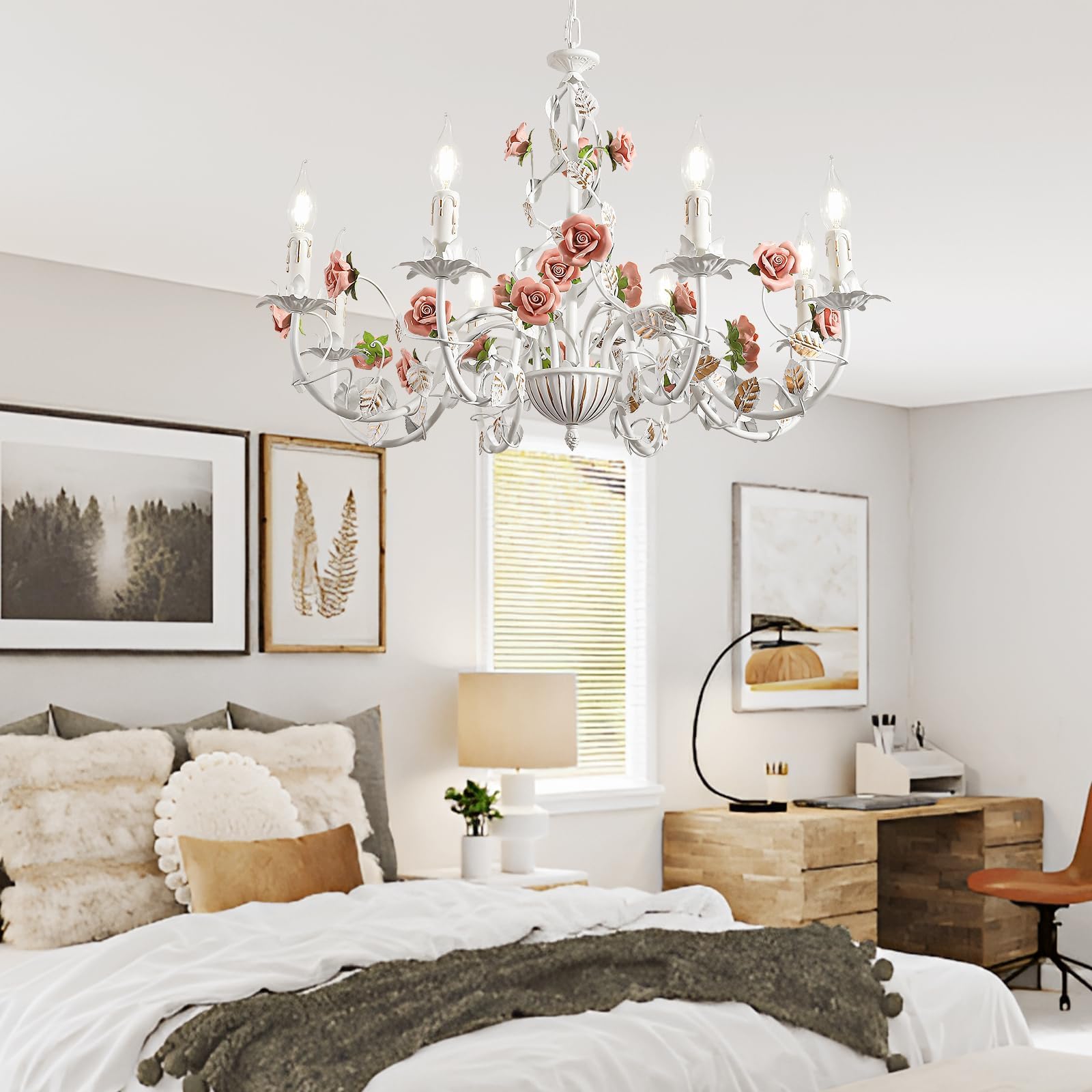 Blumen Kronleuchter Vintage,Weiße Metall Esstisch Lampe Mit Rosa Keramikrose,Französischer E14 Kerzen Pendelleuchte FüR Wohnzimmer Schlafzimmer Landhaus MäDchenzimmer KüChe,8 Köpfe