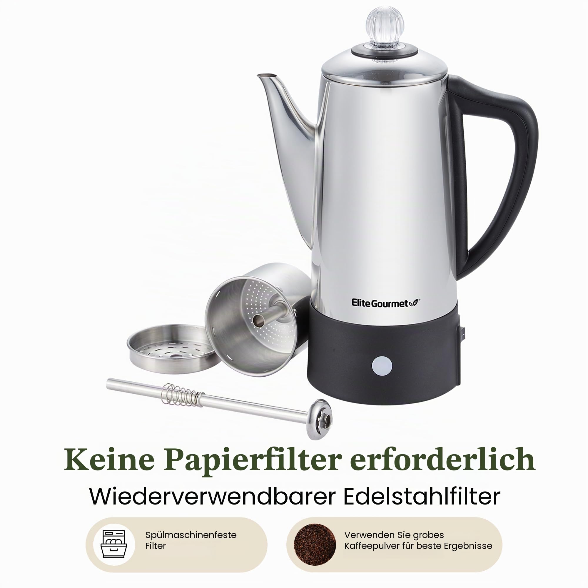 Elite Gourmet EC140 Elektrischer Kaffee-Perkolator für 6 Tassen mit Warmhalten, durchsichtigem Braufortschrittsknopf, Cool-Touch-Griff, kabelloser Servieren, Edelstahl
