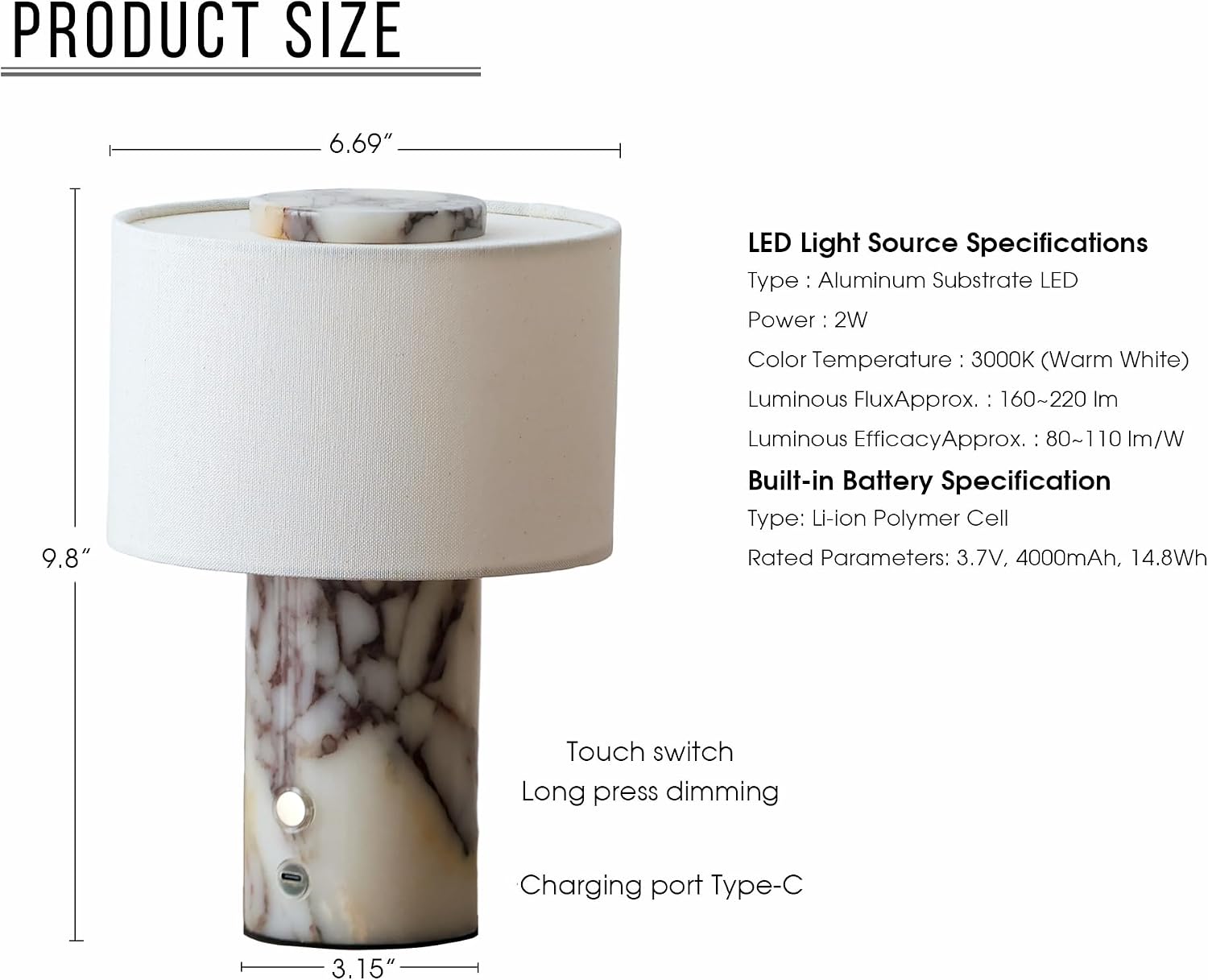 Marble Lamp, Rechargeable Cordless Stone Touch Table Lamp image 2