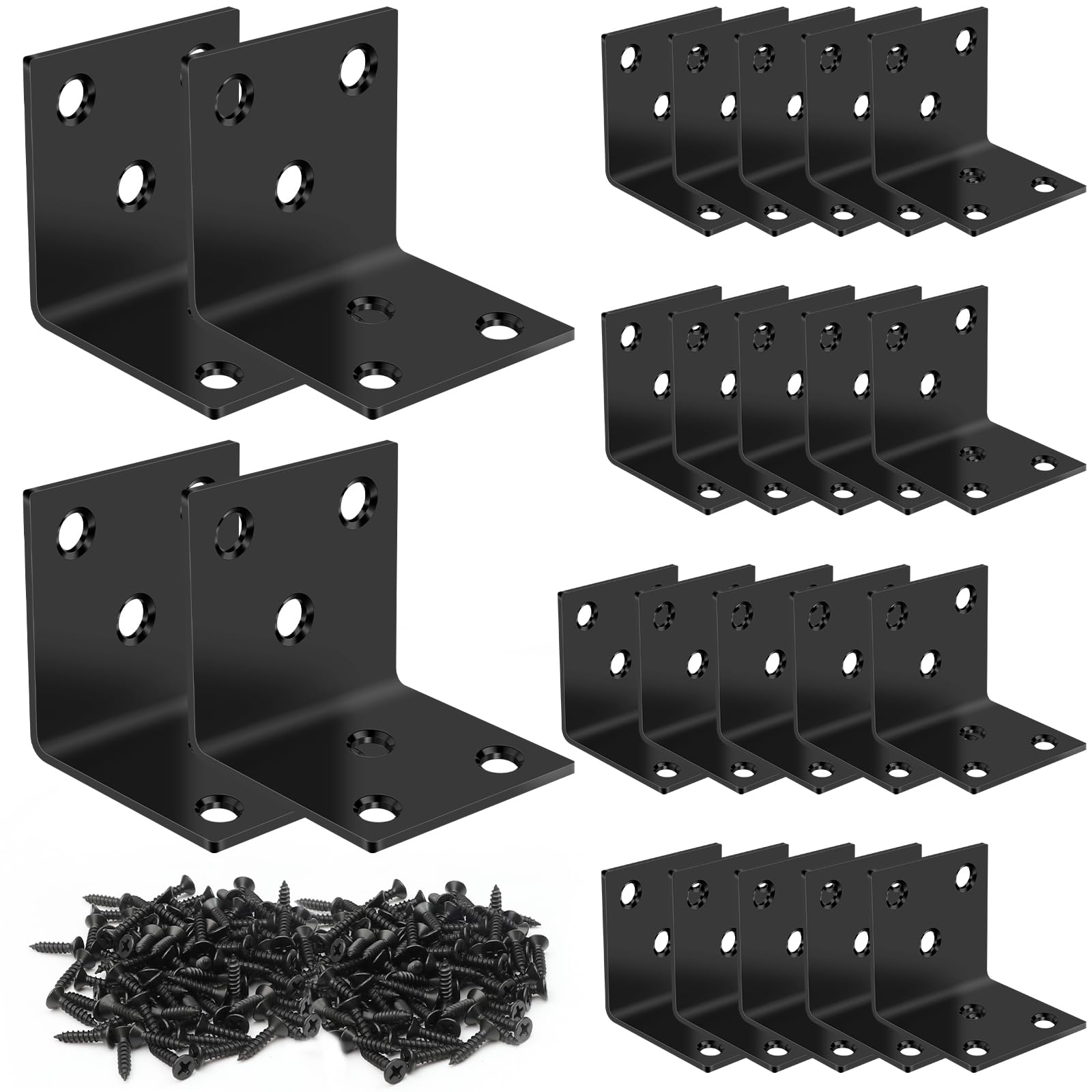 24Pcs Right Angle Brackets 40 x 40 x 40mm, Stainless Steel Corner Brackets with 144 Screws, 2 MM Thickness Black L Bracket, Heavy Duty 90 Degree Corner Brace for Wood Furniture Cabinets Shelves Chairs