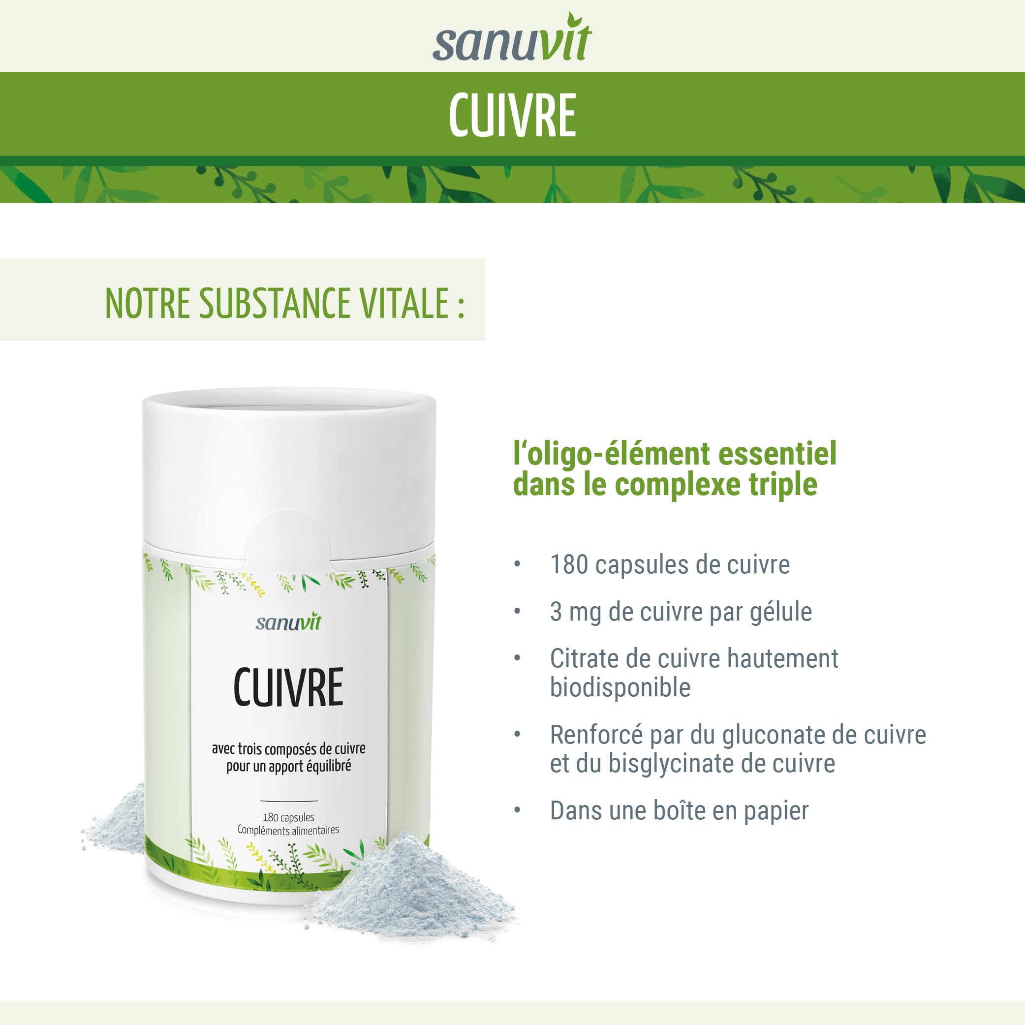 Sanuvit® - Cuivre 3 mg | 180 gélules | Haute biodisponibilité | Citrate de cuivre à haute dose avec 3 mg de cuivre de haute qualité par capsule | Végétalien