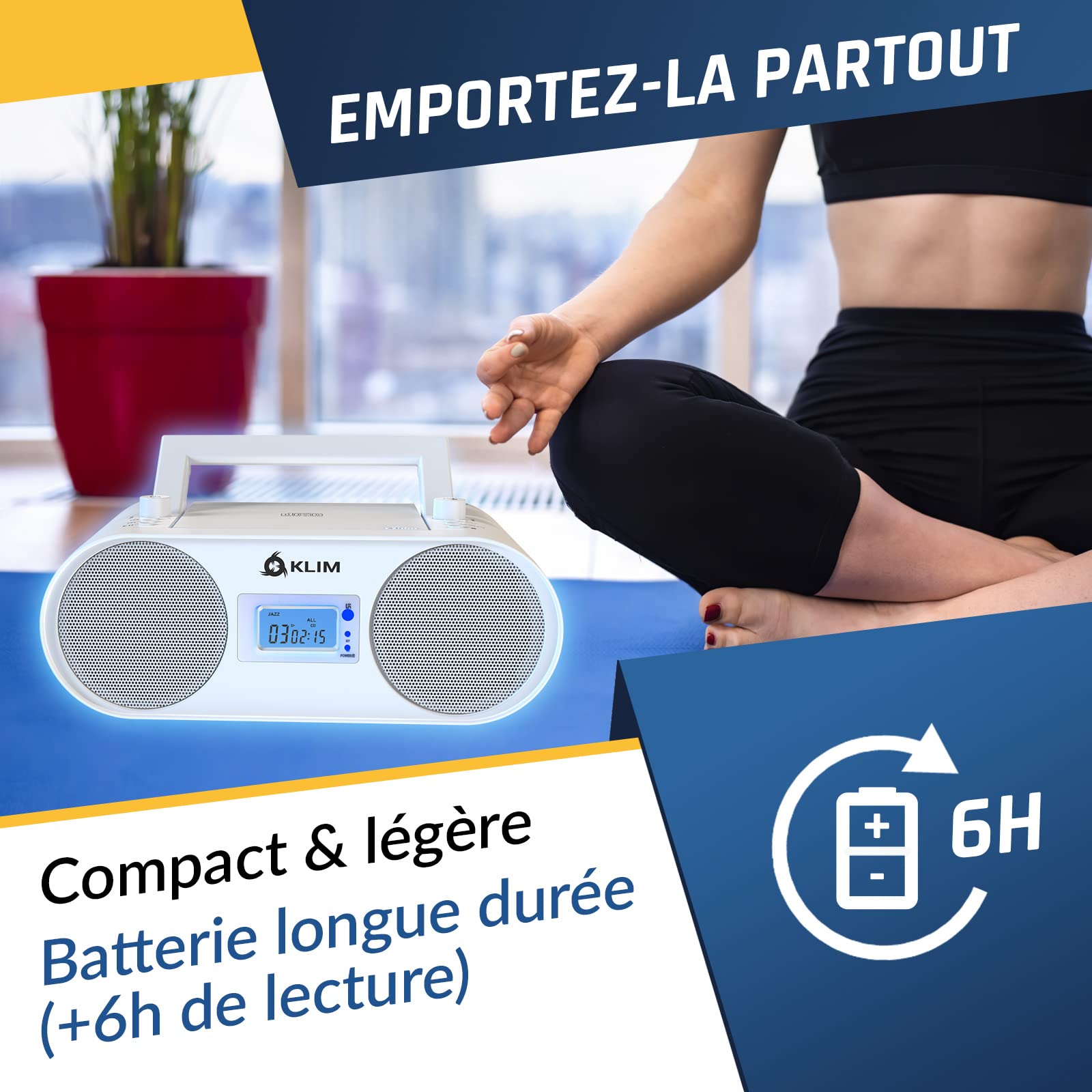 KLIM Boombox B4 Poste Radio CD Portable + Radio AM/FM, CD, Bluetooth, USB, MP3 + Mode Filaire et sans Fil avec Piles Rechargeables + Télécommande, Mode Veille Auto + Lecteur CD Portable + Blanc