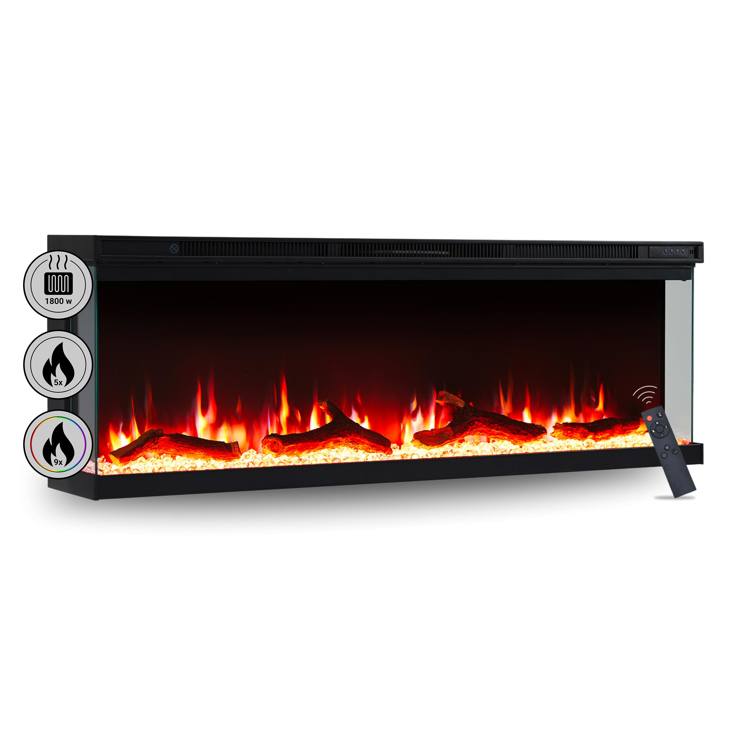 Camino elettrico BALDERIA Orson 50" | Camino elettrico da parete/incasso, effetto fiamma 3D LED, intensità variabile, riscaldamento 1800 W, timer, termostato, telecomando | nero