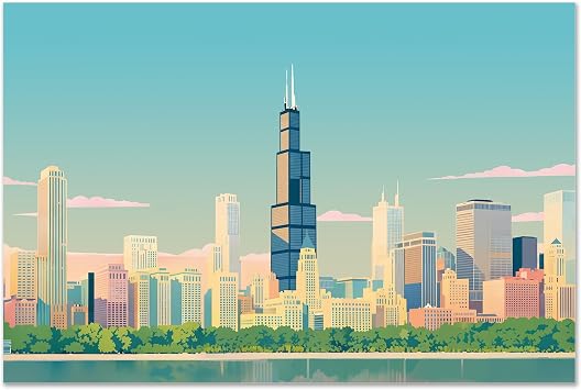 Aozomo Chicago Print Wall Art Poster, Chicago Skyline Canvas Print - Modern Cityscape Wall Art 12x8in,Unframed